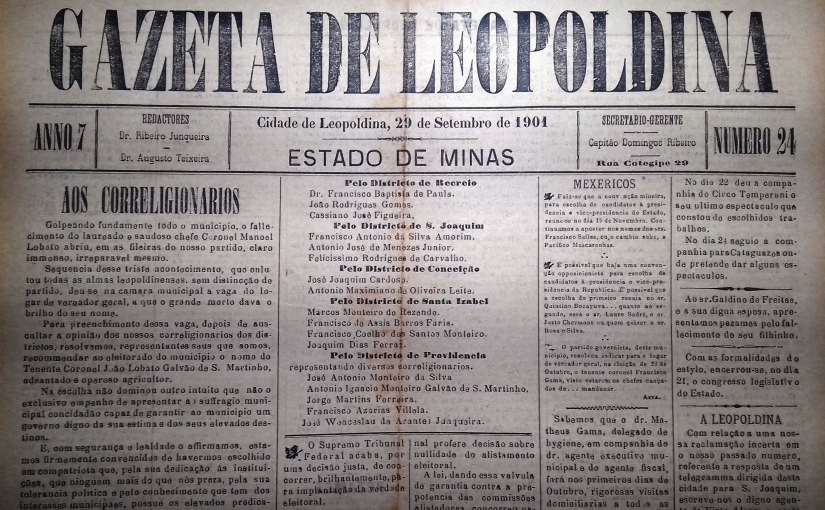 Gazeta de Leopoldina, n° 24, ano 7, 29/09/1901: Nota sobre o Circo Temperani e partida para Cataguases.