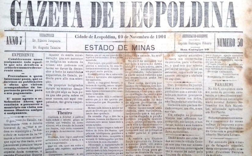Gazeta de Leopoldina, n° 30, ano 7, 10/11/1901: Matéria sobre Cia. Ismenia dos Santos
