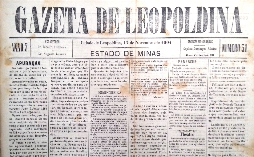 Gazeta de Leopoldina, n° 31, ano 7, 17/11/1901: Matéria sobre as apresentações da Cia. de Ismenia dos Santos