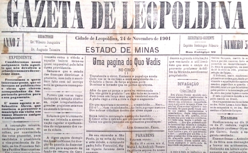 Gazeta de Leopoldina, n° 32, ano 7, 24/11/1901: Cia. Ismenia dos Santos em Cataguases