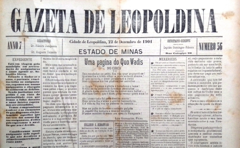 Gazeta de Leopoldina, n° 36, ano 7, 22/12/1901: Nota sobre apresentação de da Cia. Ismenia dos Santos em Cataguases