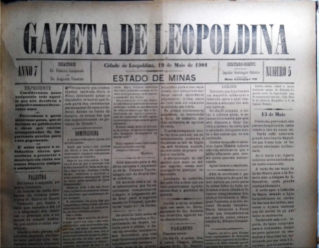 Fonte: Biblioteca Municipal de Leopoldina, 2018. - Gazeta de Leopoldina, n° 05, ano 7, 19 de maio de 1901, pág. 1