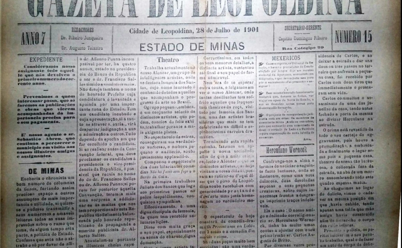 Gazeta de Leopoldina, n° 15, ano 7, 28/07/1901, pág. 1: Companhia Dramática da atriz Ismenia dos Santos no Theatro Alencar