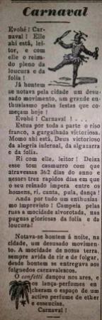 Reportagem Carnaval, publicada no jornal Gazeta de Leopoldina, ano XXI, nº 252, 05/03/1916, página 4. Leopoldina: MG, 1916. Disponível para consulta na Biblioteca Municipal de Leopoldina.